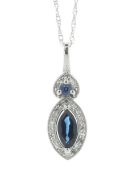 14ct White Gold Marquise Cluster Diamond And Sapphire Pendant And Chain 0.08 Carats - Valued By