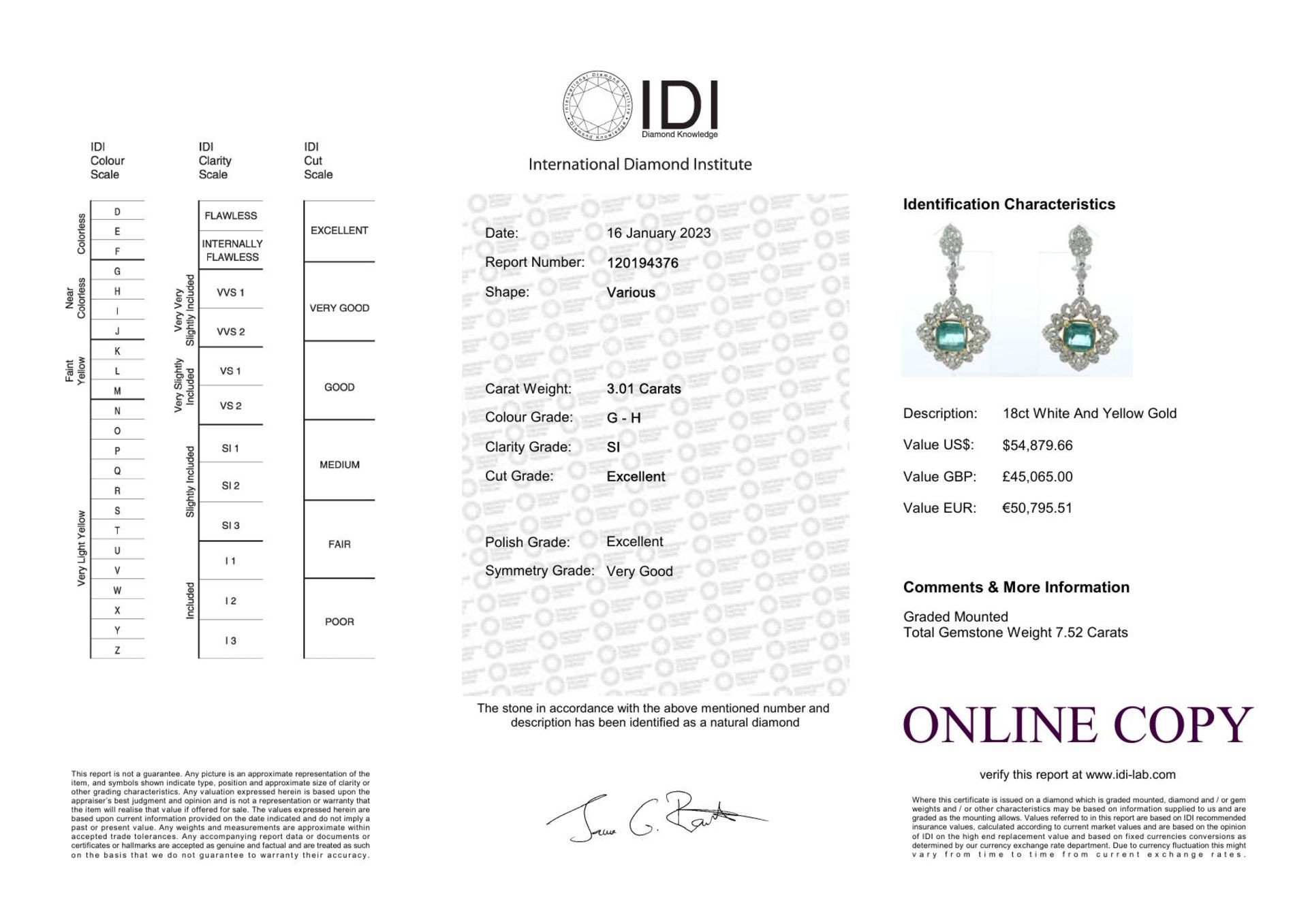 18ct White Gold Emerald Cluster Diamond And Emerald Earrings (E7.52) 3.01 Carats - Valued By IDI £ - Image 3 of 3