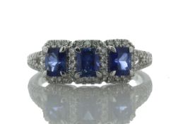 18ct White Gold Three Stone Emerald Cut Sapphire And Diamond Ring (S 1.20) 0.29 Carats - Valued By