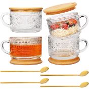 RRP £34.84 BELLE VOUS 4 Pack of Clear Vintage Glass Coffee Mugs with Bamboo Lids & Spoons