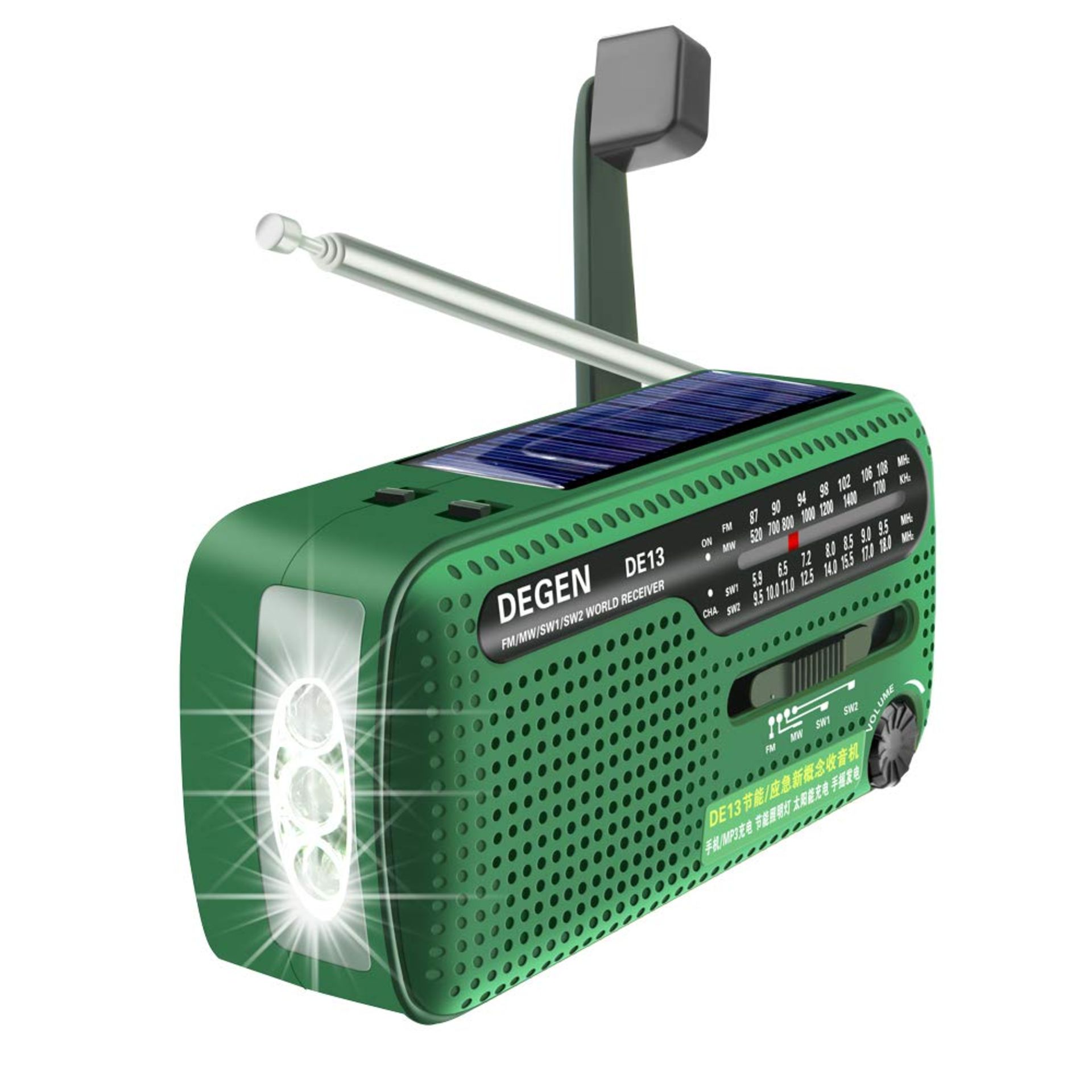 RRP £24.63 DEGEN DE13 Cranked Solar FM AM SW Receiver with Flashlight