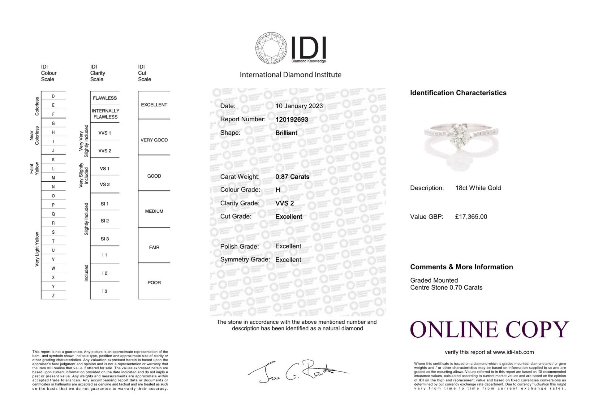 18ct White Gold Diamond Ring With Stone Set Shoulders 0.87 Carats - Valued By IDI £17,365.00 - A - Image 5 of 5