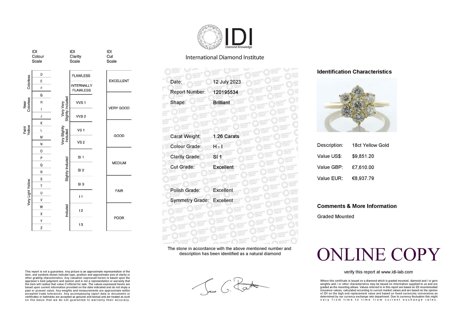 18ct Yellow Gold Round Cluster Claw Set Diamond Ring 1.26 Carats - Valued By IDI £7,610.00 - This - Image 5 of 5