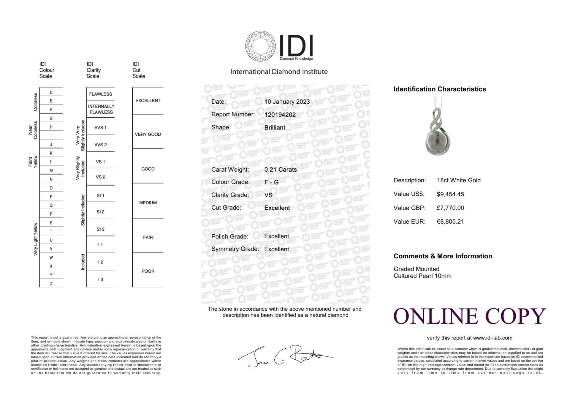 18ct White Gold Diamond And Pearl Drop Pendant (PL1.00) 0.21 Carats - Valued By IDI £7,770.00 - - Image 3 of 3