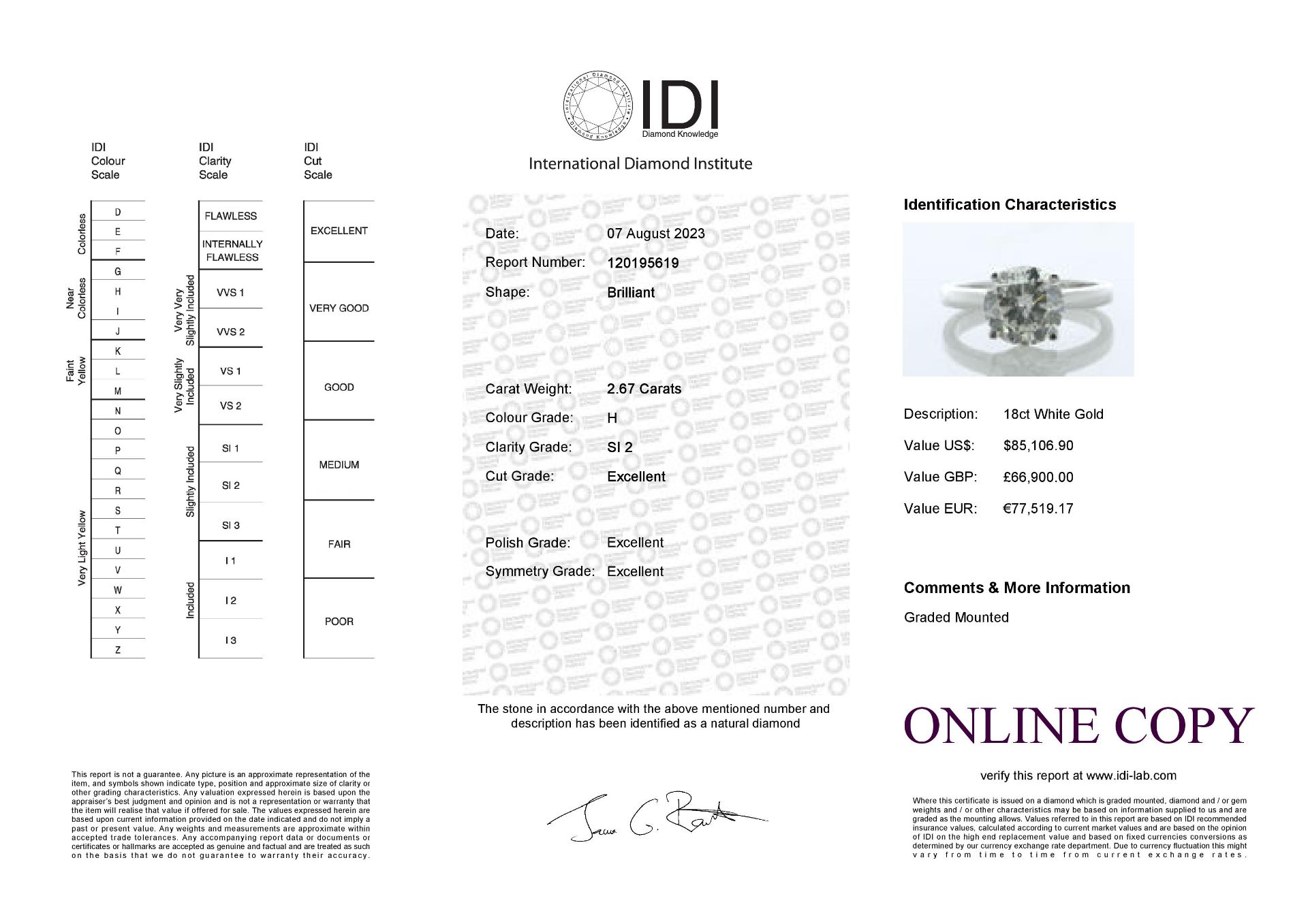 18ct White Gold Single Stone Prong Set Diamond Ring 2.67 Carats - Valued By IDI £66,900.00 - A - Image 5 of 5