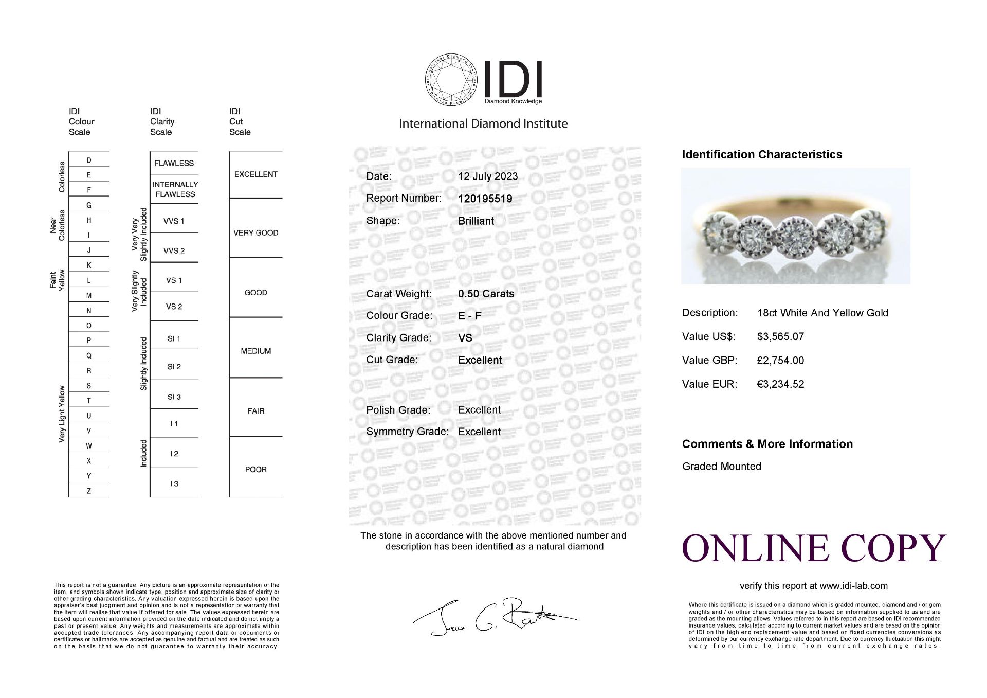 18ct Yellow Gold Five Stone Diamond Ring 0.50 Carats - Valued By IDI £2,754.00 - Five round - Image 5 of 5