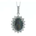 Platinum Oval Cluster Diamond And Opal Pendant (O2.36) 0.88 Carats - Valued By IDI £31,920.00 - An