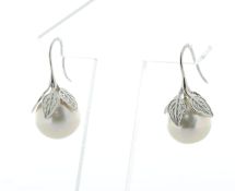 12.0mm Round Ming Pearl Drop Silver Earrings - Valued By AGI £355.00 - 12.0mm round ming pearl