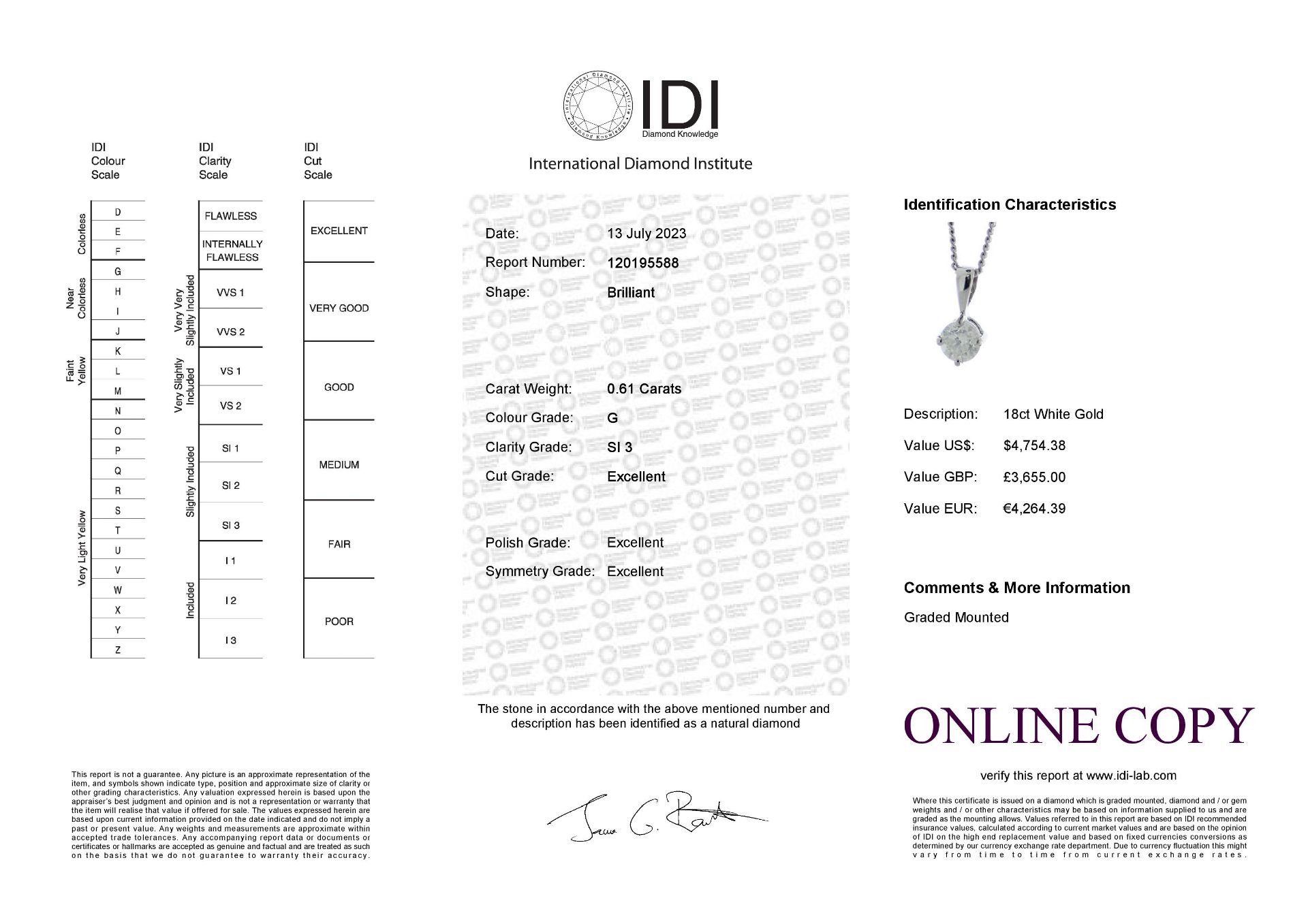 18ct White Gold Single Stone Prong Set Diamond Pendant 0.61 Carats - Valued By IDI £3,655.00 - - Image 3 of 3