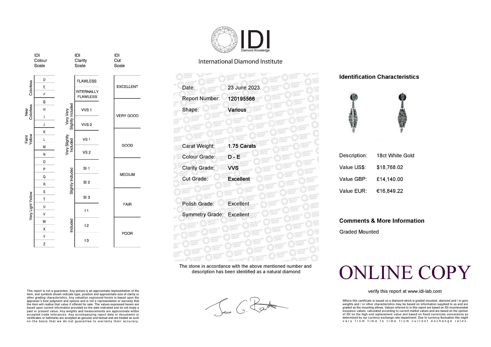 18ct White Gold Diamond Drop Earring 1.75 Carats - Valued By IDI £14,140.00 - A stunning pair of - Image 4 of 4