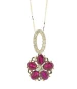 14ct Yellow Gold Flower Cluster Diamond And Ruby Pendant And 18" Chain (R1.45) 0.12 Carats -