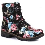 RRP £45.65 Pavers Women's Lace Up Combat Boots in Black-Pink Floral with Zip Fastening