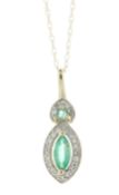 14ct Yellow Gold Marquise Cluster Diamond And Emerald Pendant And Chain 0.08 Carats - Valued By