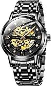 RRP £124.44 OLEVS Mens Automatic Watch Skeleton Black Diamond Luxury