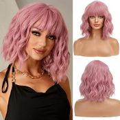 RRP £23.77 Esmee Short Wave Pink Bob Wigs With Bangs Shoulder