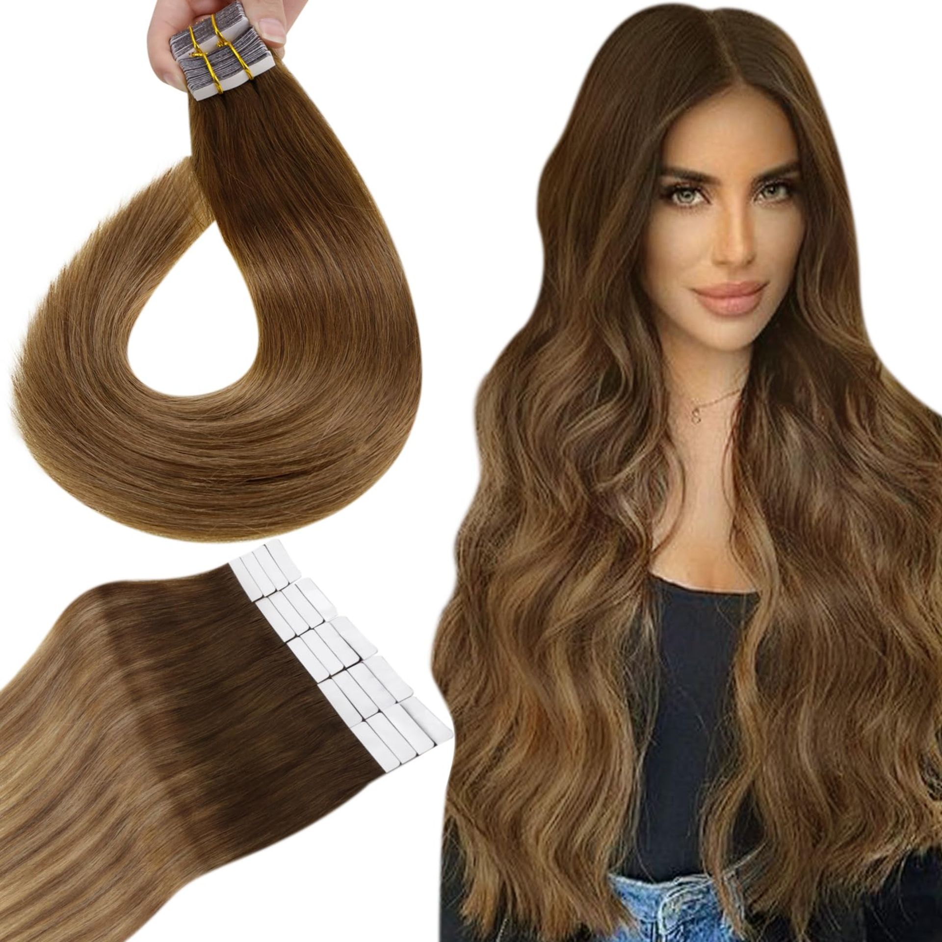 RRP £48.11 Hetto Balayage Brown Tape in Hair Extension Human Hair
