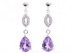 9ct White Gold Amethyst Diamond Earring (A2.00) 0.03 Carats - Valued By GIE £1,140.00 - A stunning