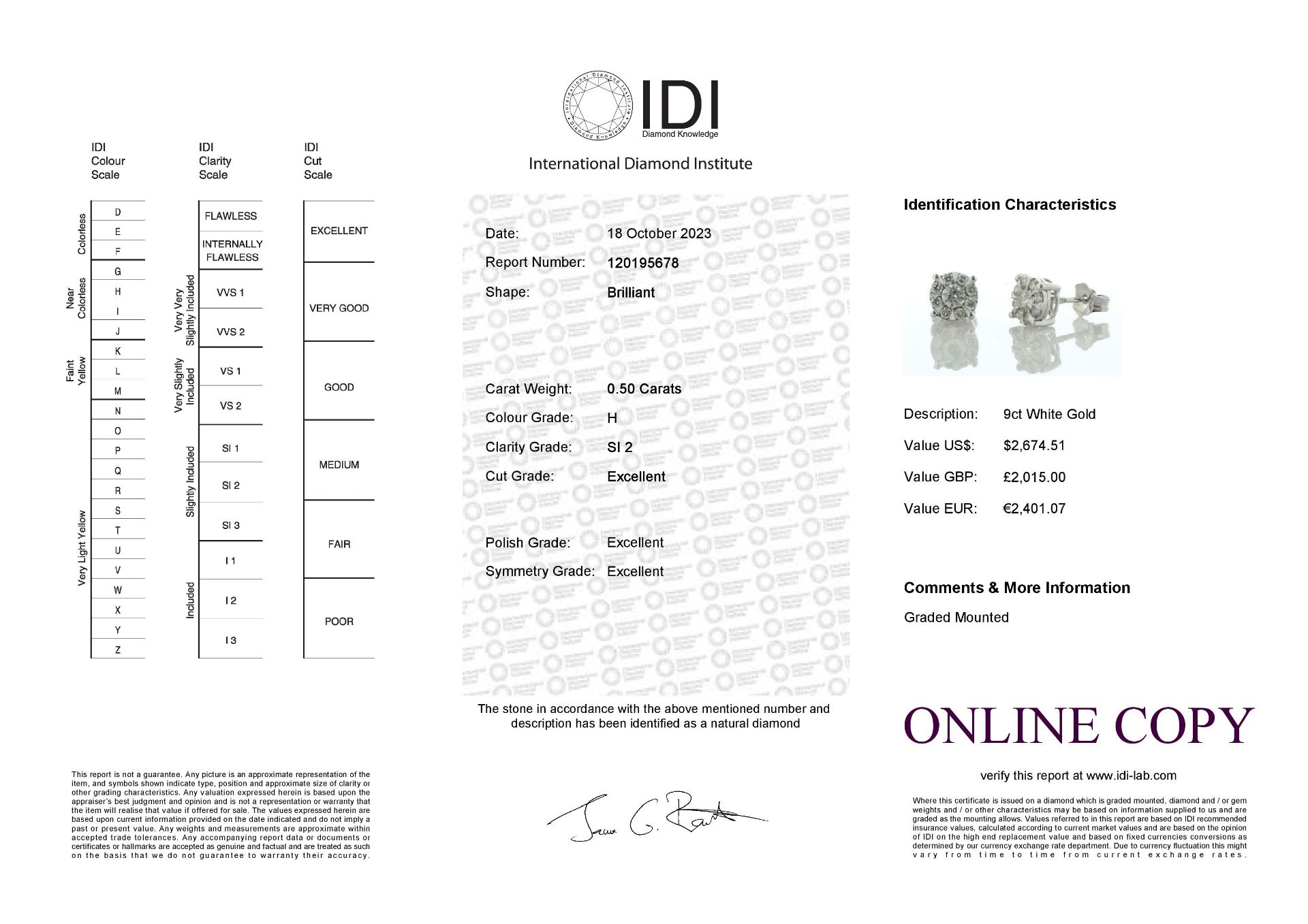 9ct White Gold Round Cluster Diamond Stud Earring 0.50 Carats - Valued By IDI £2,015.00 - One - Image 5 of 5