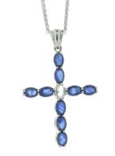 18ct White Gold Diamond And Sapphire Cross Pendant And 18" Chain (S4.23) 0.32 Carats - Valued By AGI