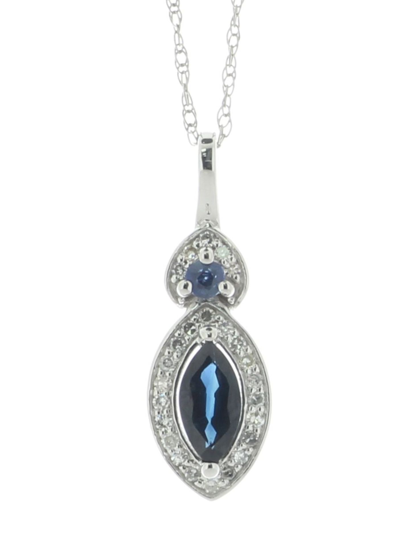 14ct White Gold Marquise Cluster Diamond And Sapphire Pendant And Chain 0.08 Carats - Valued By