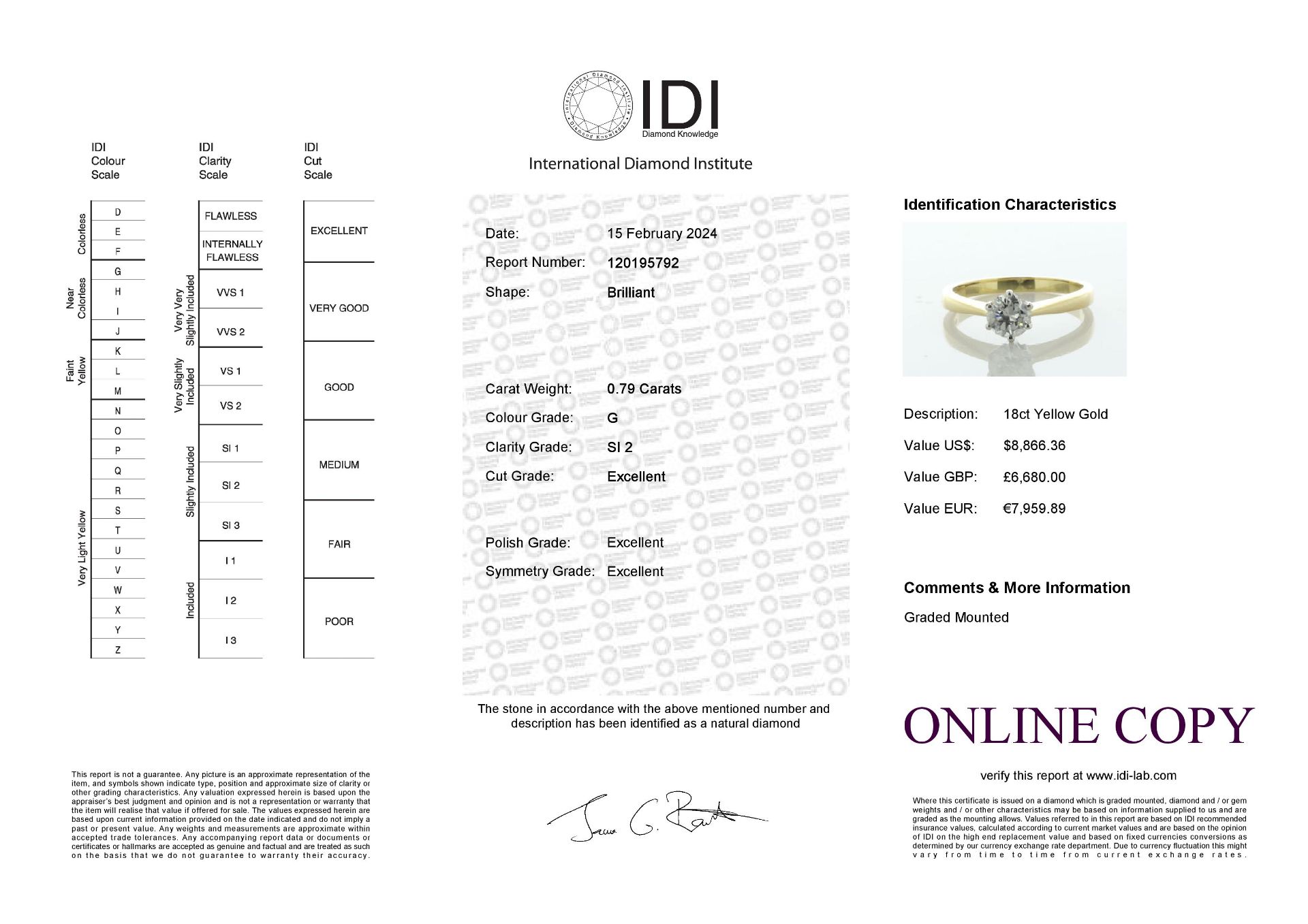 18ct Yellow Gold Single Stone Six Claw Set Diamond Ring 0.79 Carats - Valued By IDI £6,680.00 - - Image 6 of 6