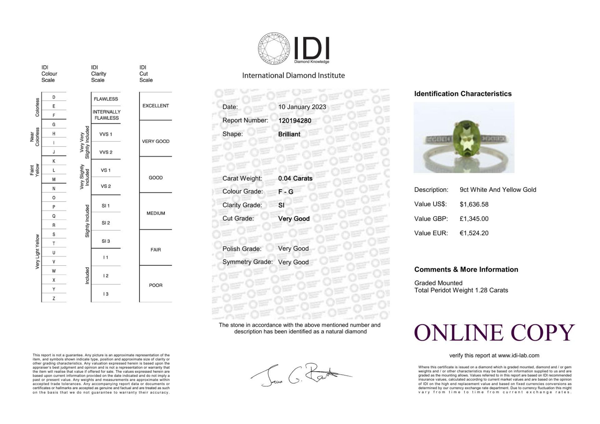 9ct Yellow Gold Diamond And Peridot Ring (P1.28) 0.04 Carats - Valued By IDI £1,345.00 - An oval 8mm - Image 4 of 4