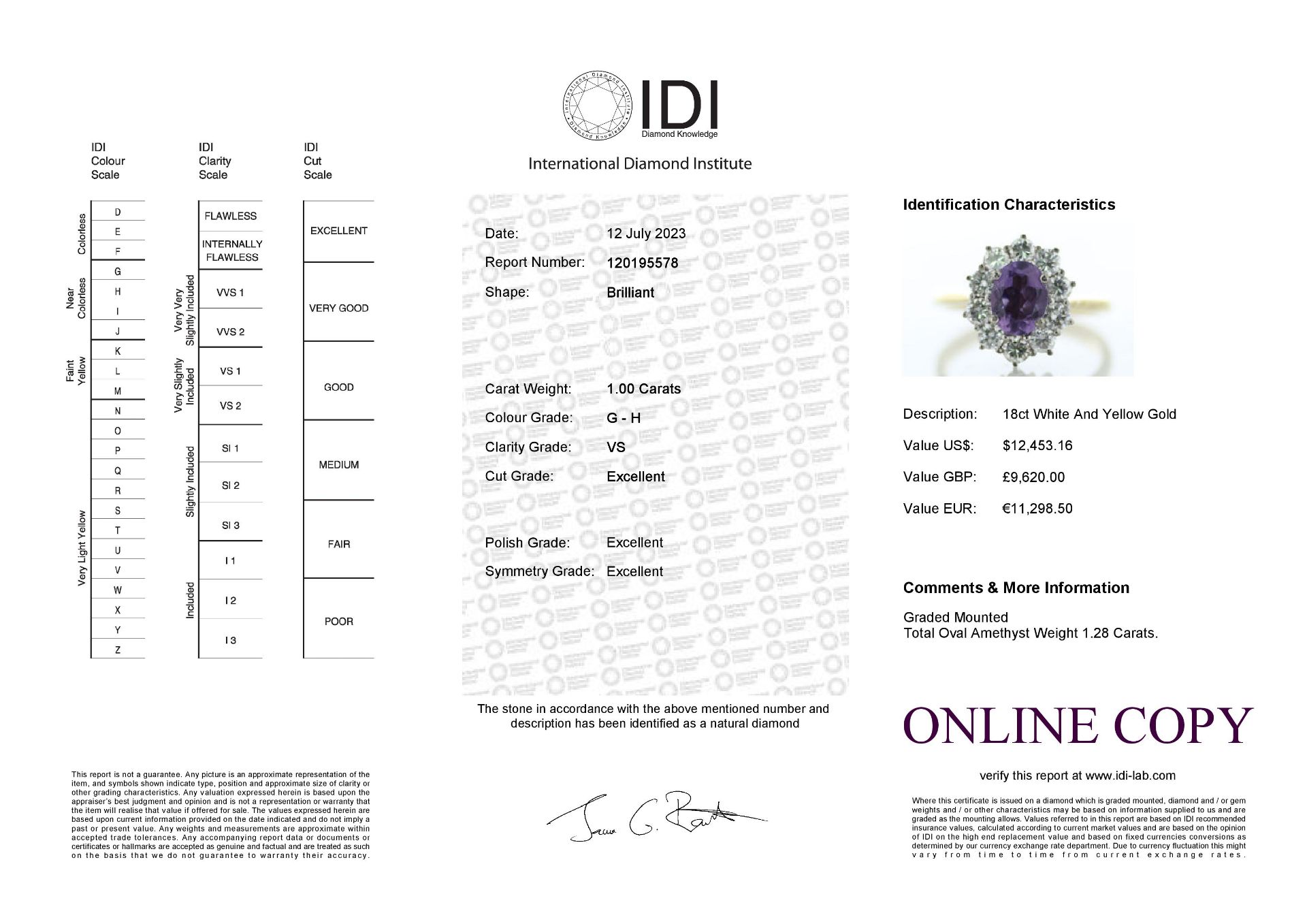 18ct Yellow Gold Oval Cluster Claw Set Diamond And Amethyst Ring (A1.28) 1.00 Carats - Valued By IDI - Image 5 of 5