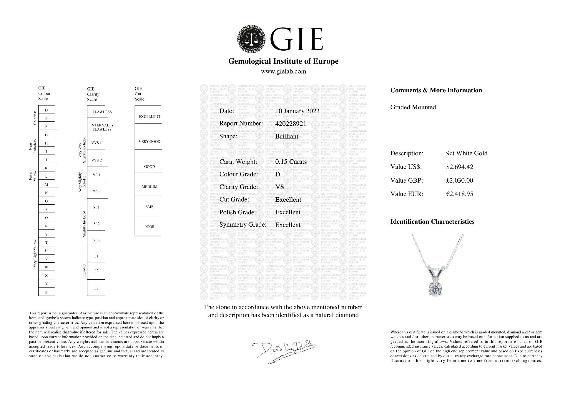 9ct White Gold Single Stone Claw Set Diamond Pendant 0.15 Carats - Valued By GIE £2,030.00 - A - Image 6 of 6