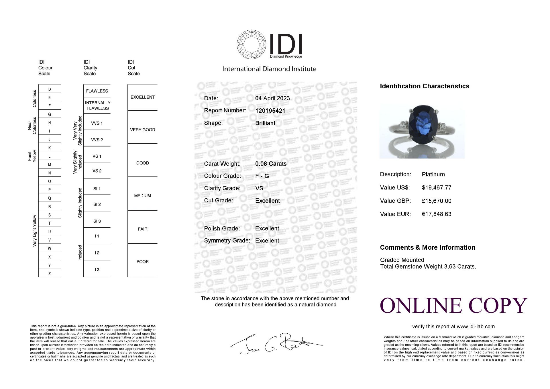 Platinum Oval Cut Sapphire And Diamond Ring (S3.63) 0.08 Carats - Valued By IDI £15,670.00 - A - Image 6 of 6