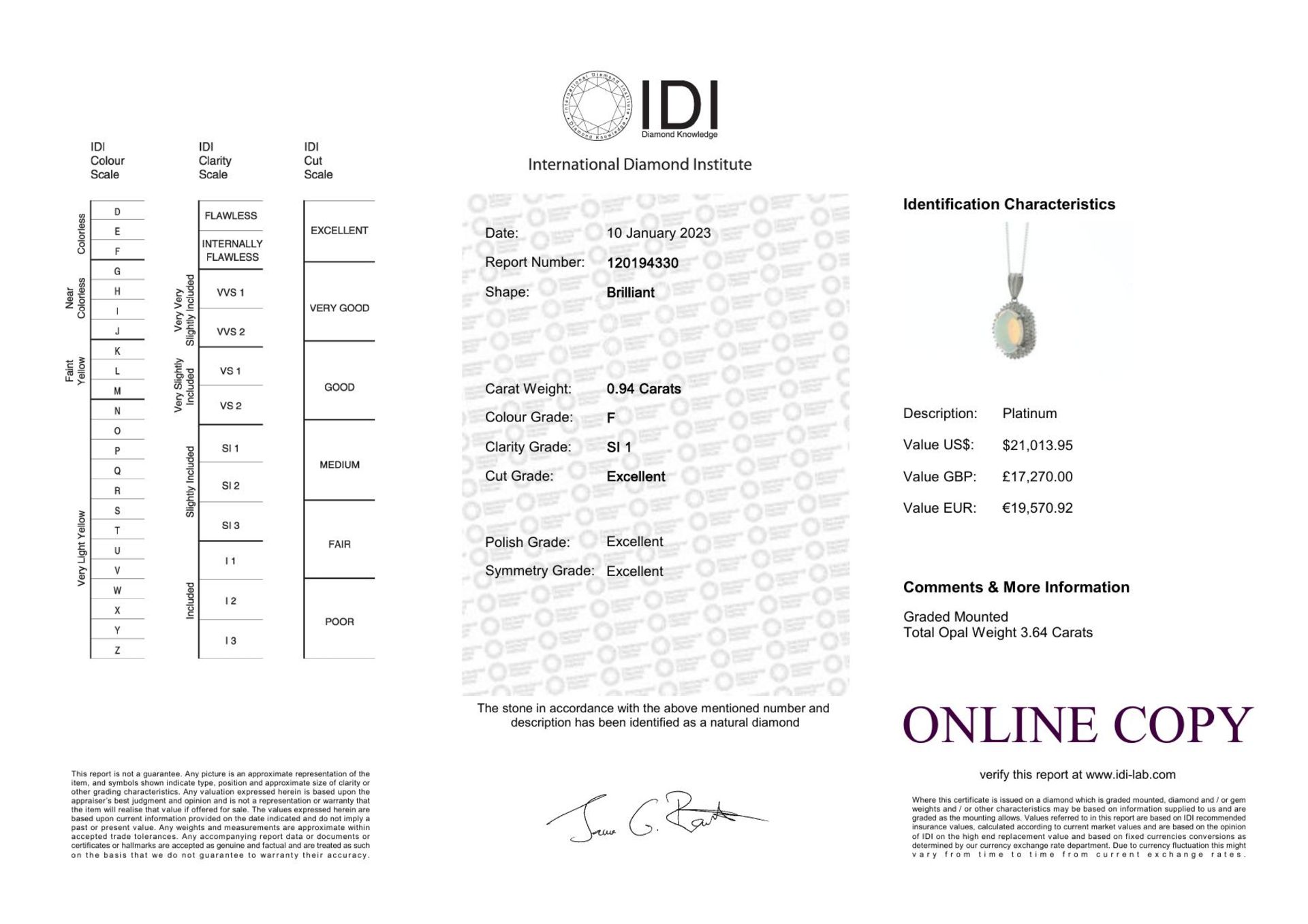 Platinum Diamond And Opal Pendant (O3.64) 0.94 Carats - Valued By IDI £17,270.00 - A beautiful 3. - Image 6 of 6