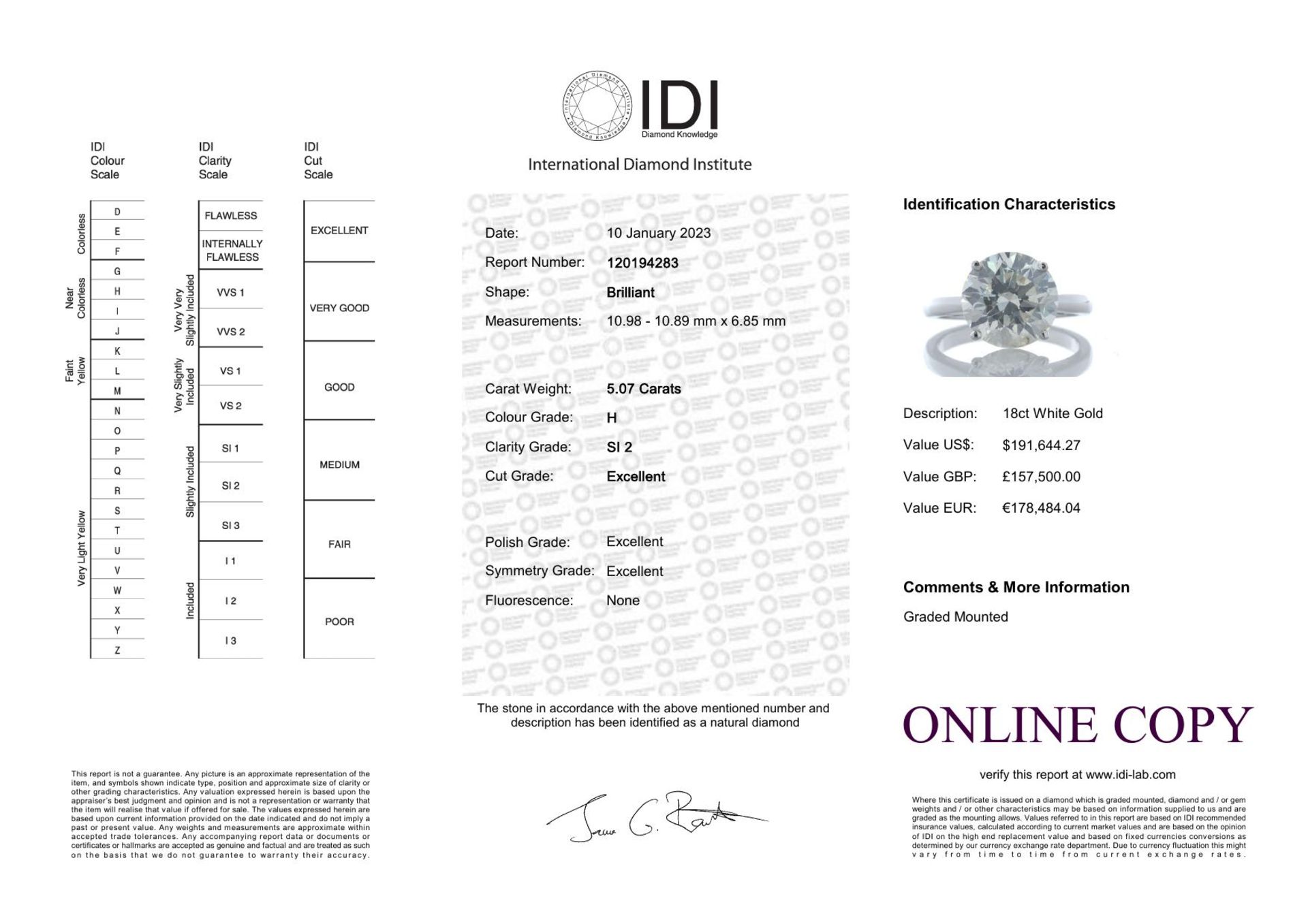 18ct White Gold Single Stone Prong Set Diamond Ring 5.07 Carats - Valued By IDI £157,500.00 - A - Image 6 of 6