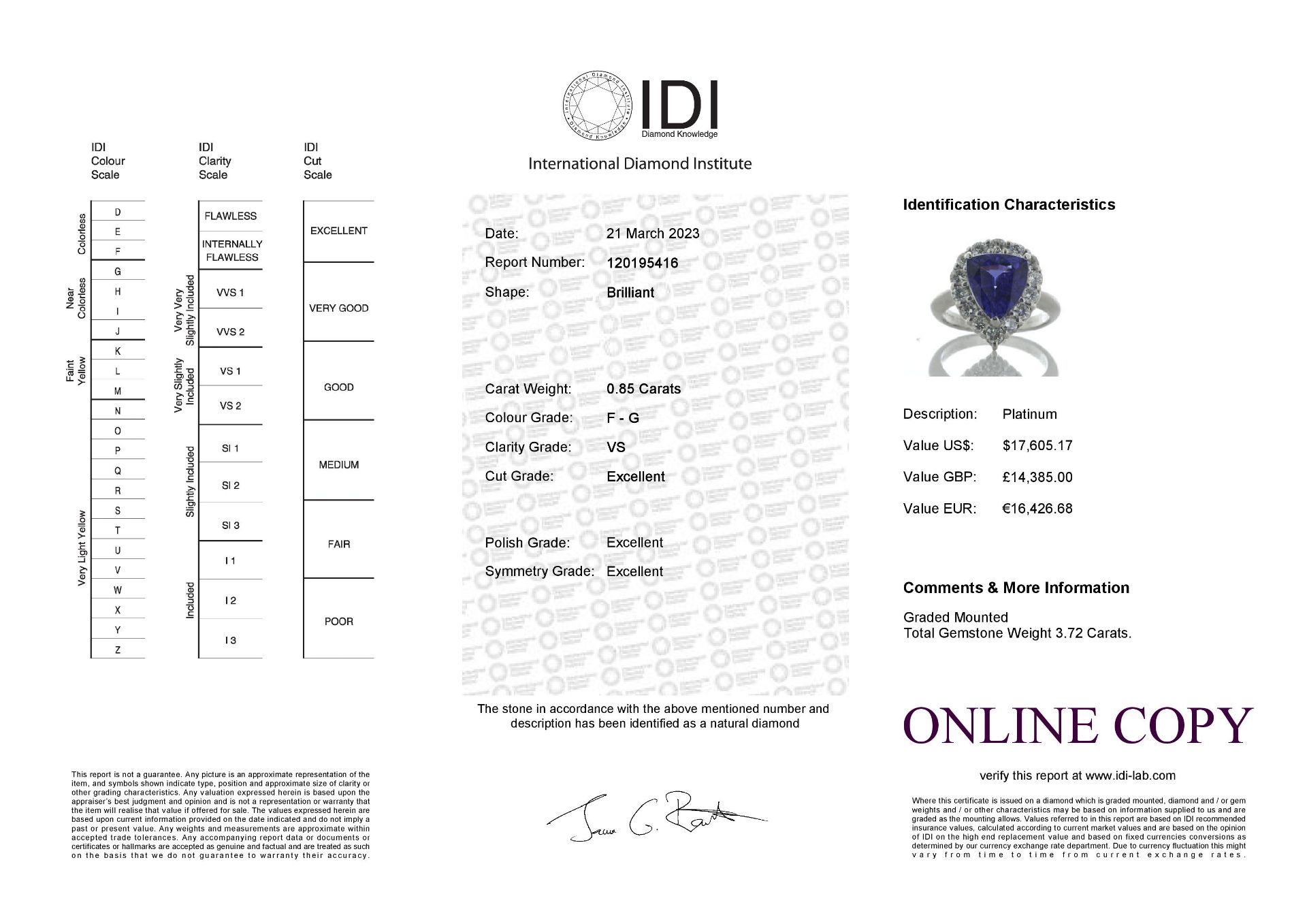 Platinum Trillion Cut Tanzanite And Diamond Ring (T3.72) 0.85 Carats - Valued By IDI £14,385.00 - - Image 5 of 5