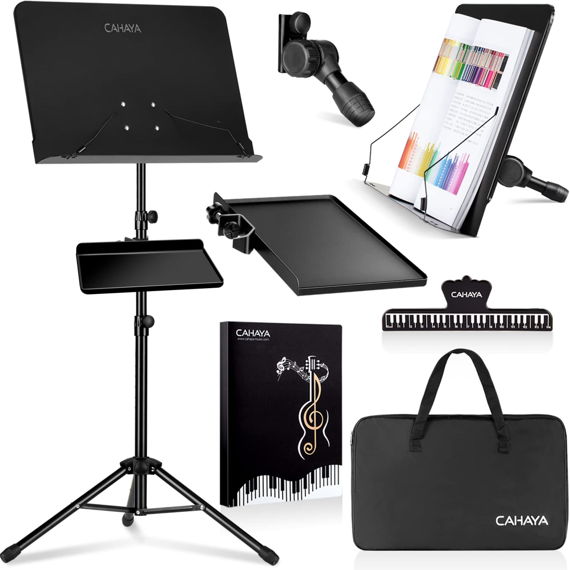 RRP £36.52 CAHAYA Sheet Music Stand Dual Use with Clamp-on Tray and Desktop Book Stand