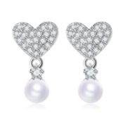 RRP £10.34 Heart Earrings with Austria Pearl Crystal Elegant Dangle