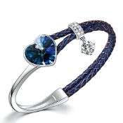 RRP £32.72 SUE'S SECRET Blue Heart Crystal Leather Bangle Bracelet