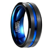 RRP £23.44 VAKKI Men's Rings with Blue Groove 8mm Black Tungsten