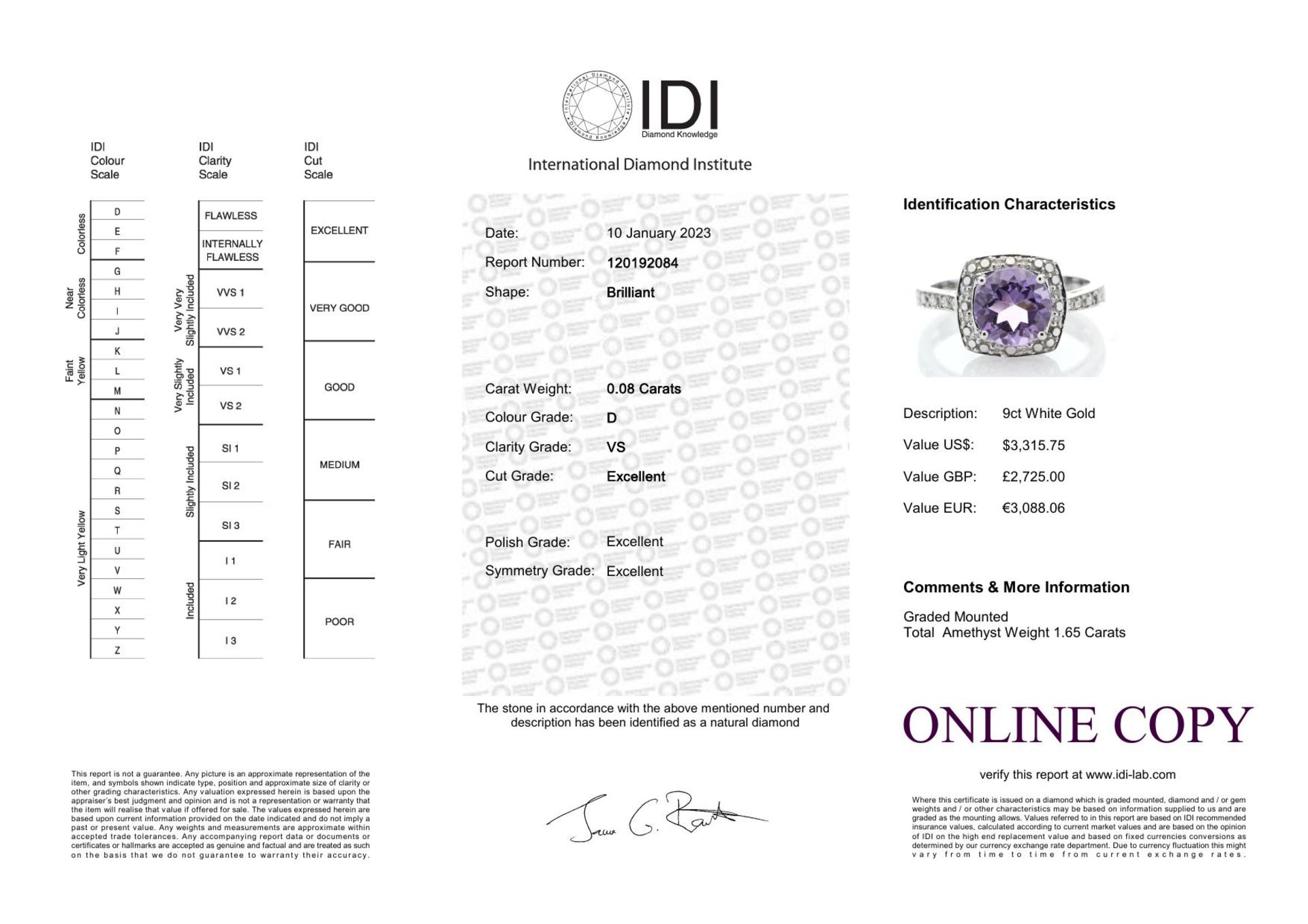 9ct White Gold Amethyst Diamond Ring - Valued By IDI £2,725.00 - This exquisite piece, comes with - Image 6 of 6
