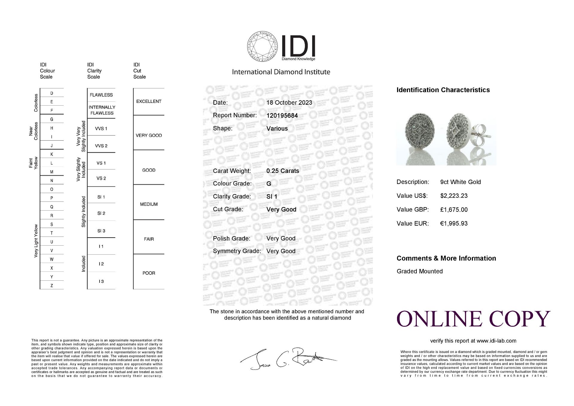 9ct White Gold Oval Cluster Diamond Stud Earring 0.25 Carats - Valued By IDI £1,675.00 - One - Image 5 of 5