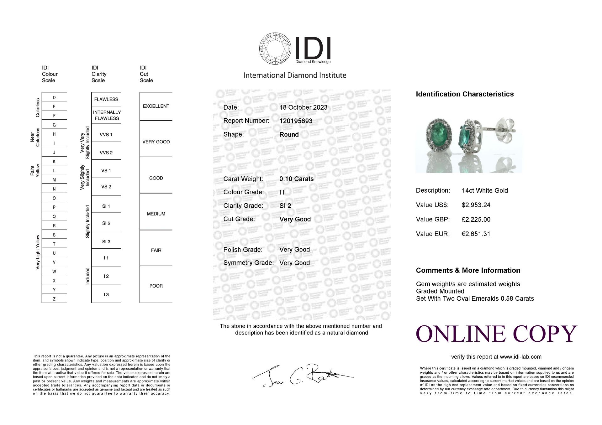 14ct White Gold Oval Cut Emerald And Diamond Stud Earring 0.10 Carats - Valued By IDI £2,225.00 - - Image 5 of 5