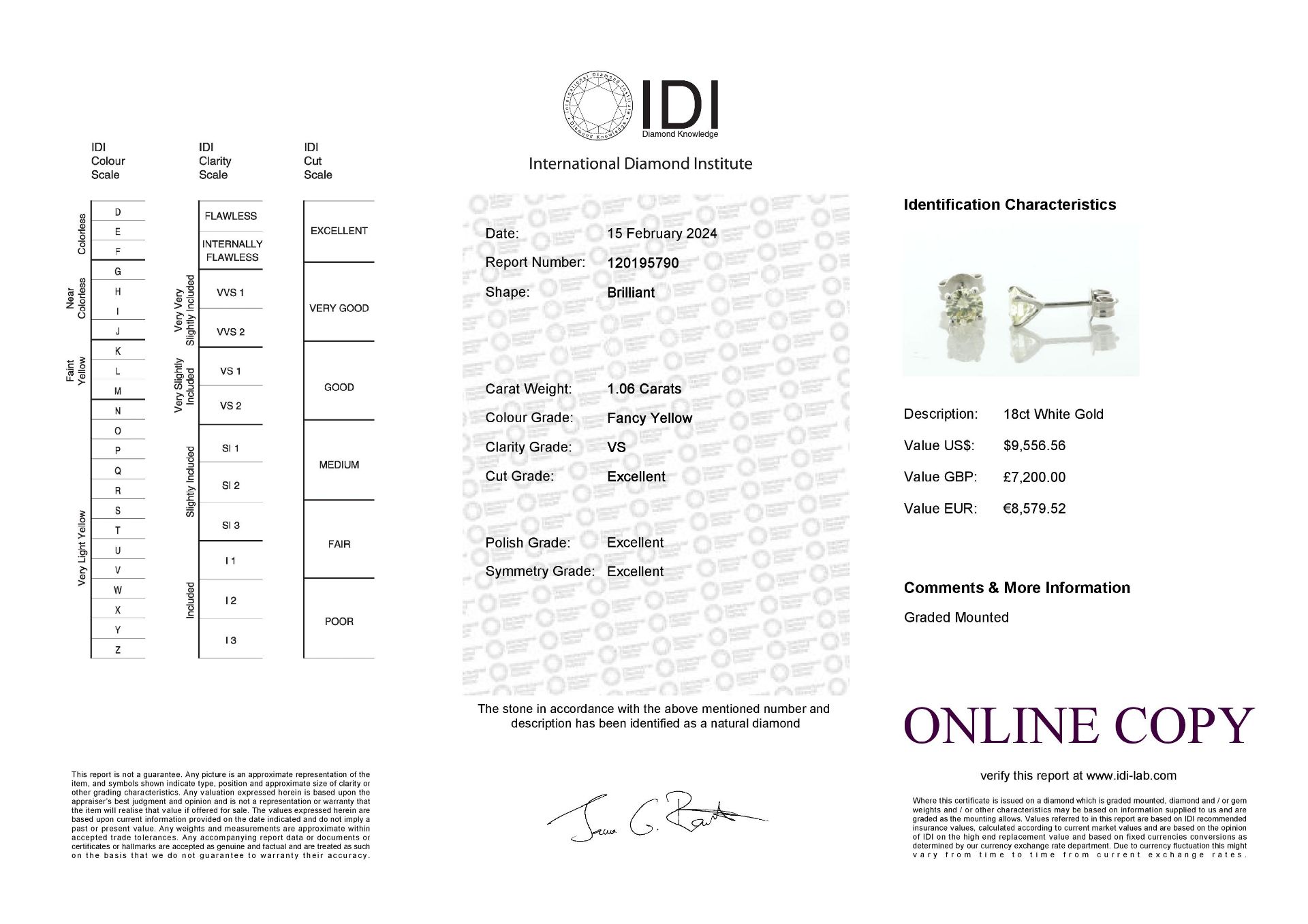 18ct White Gold Single Stone Diamond Earring 1.06 Carats - Valued By IDI £7,200.00 - Two round - Image 4 of 4