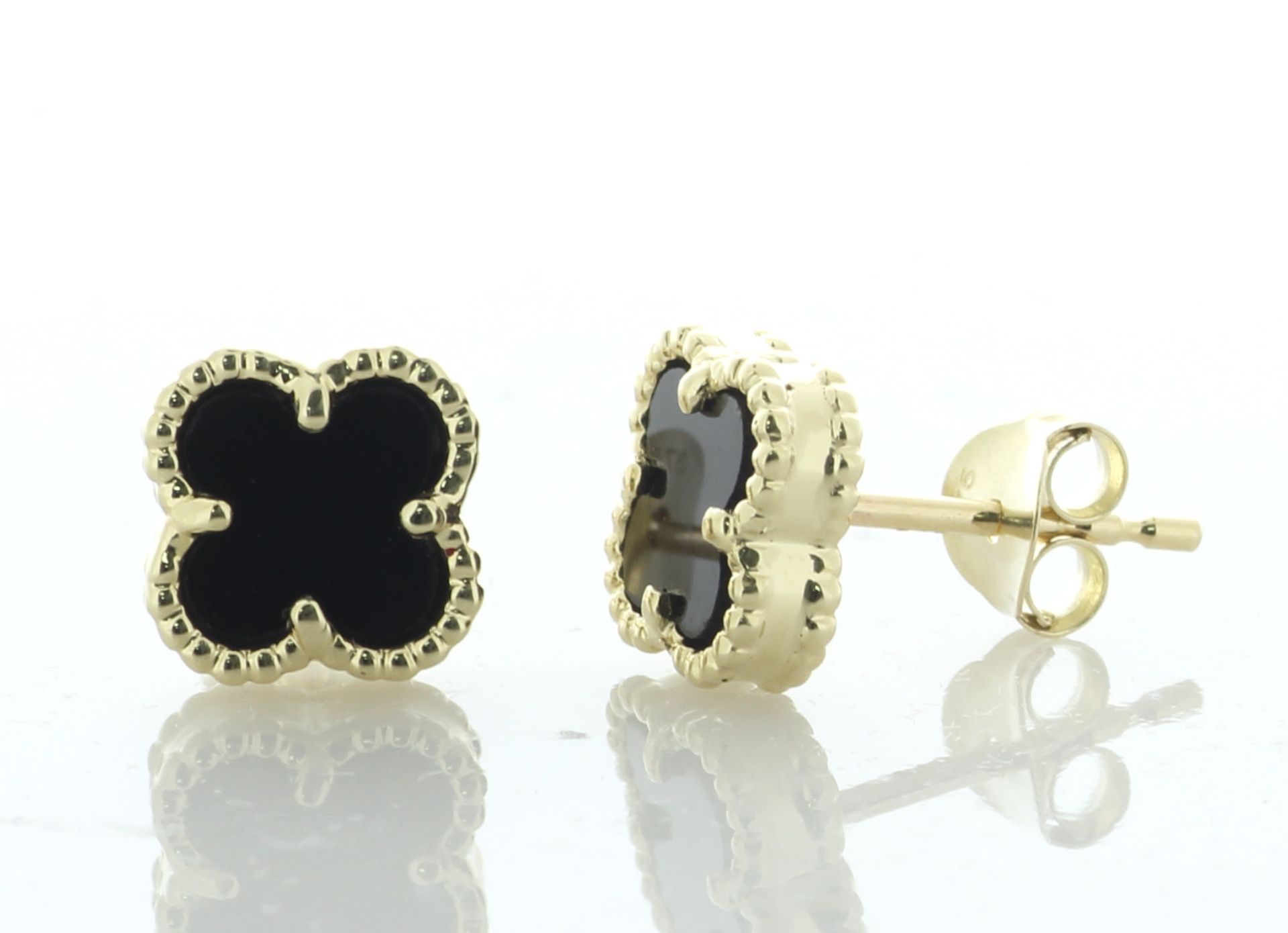 9ct Yellow Gold Alhambra Clover Leaf Onyx Stud Earring - Valued By AGI £2,510.00 - A gorgeous pair