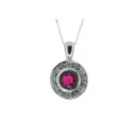 9ct White Gold Created Ruby Diamond Pendant - Valued By GIE £1,520.00 - With a deep red ruby