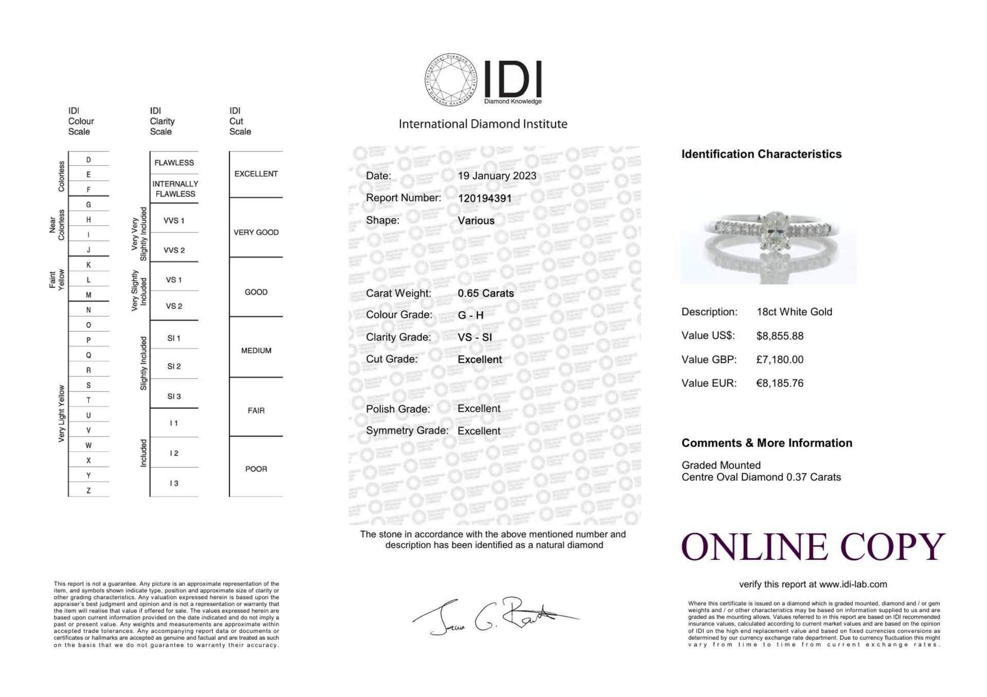 18ct White Gold Oval Cut Diamond Ring (0.37) 0.65 Carats - Valued By IDI £7,180.00 - A stunning oval - Image 6 of 6