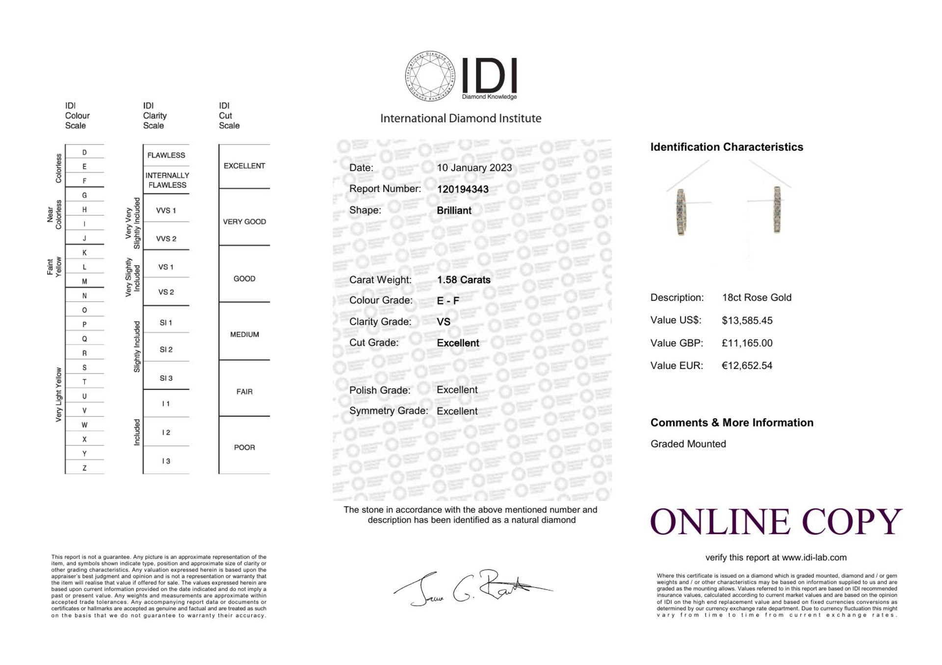 18ct Rose Gold Hoop Diamond Earring 1.58 Carats - Valued By IDI £11,165.00 - Thirty round - Image 6 of 6