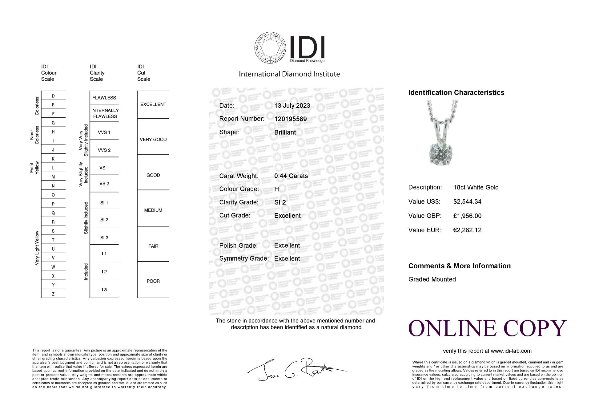18ct White Gold Single Stone Prong Set Diamond Pendant 0.44 Carats - Valued By IDI £1,956.00 - - Image 3 of 3