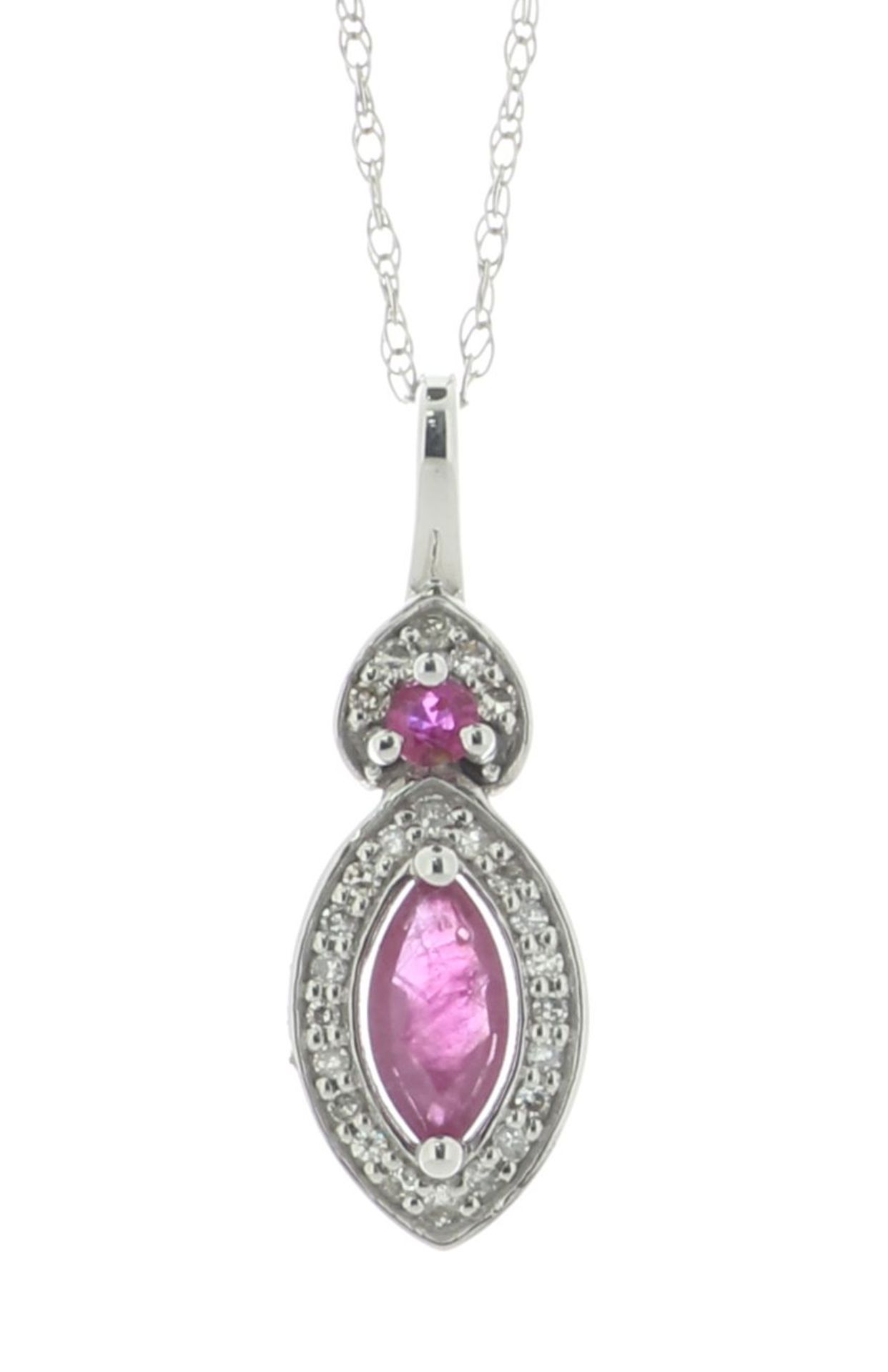 14ct White Gold Marquise Cluster Diamond And Ruby Pendant And chain 0.08 Carats - Valued By IDI £1,