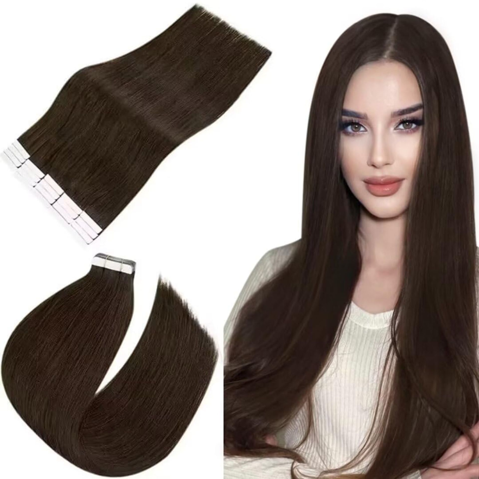 RRP £29.67 Easyouth Tape in Hair Extensions Human Hair Brown Glue - Image 2 of 3