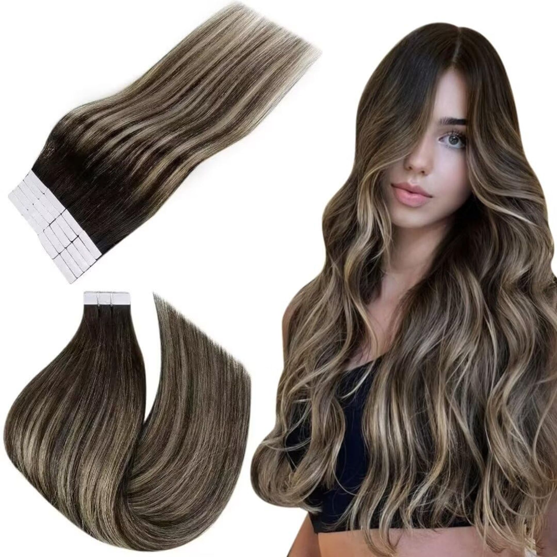 RRP £44.44 Easyouth Tape in Human Hair Extensions Black Balayage - Image 2 of 3