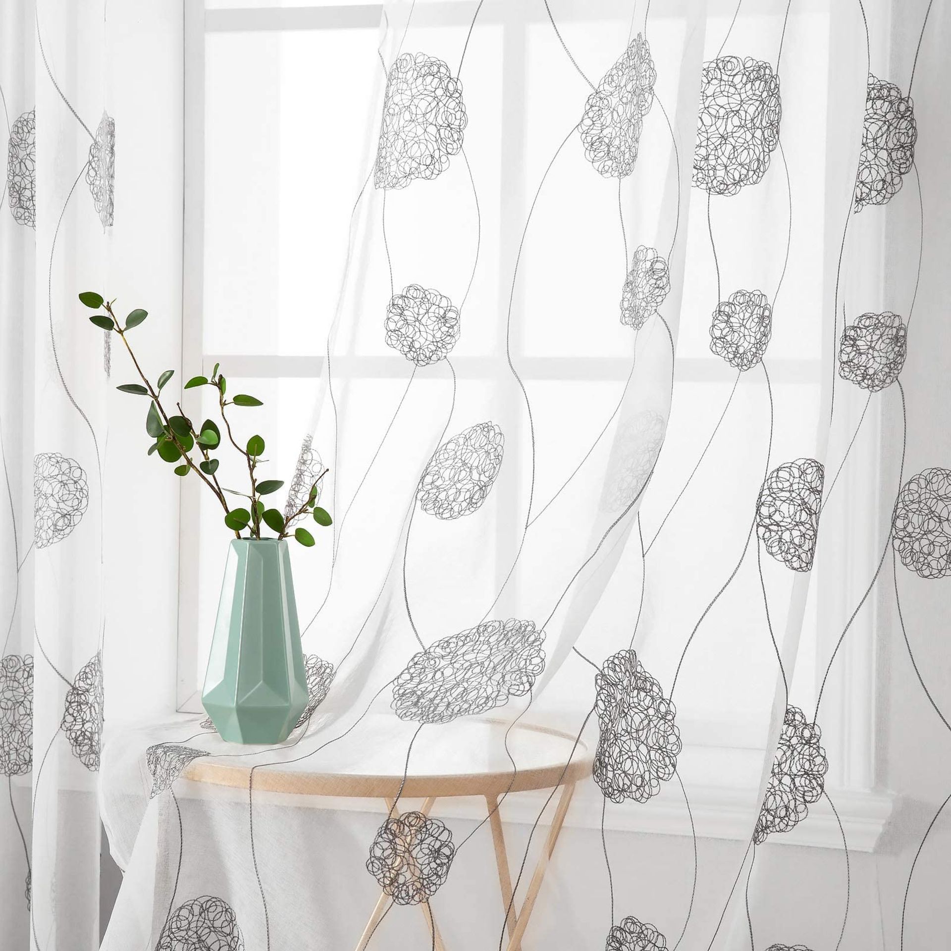 RRP £26.19 MIULEE Embroidery Sheer Curtains Flora Design Grommet - Image 2 of 3