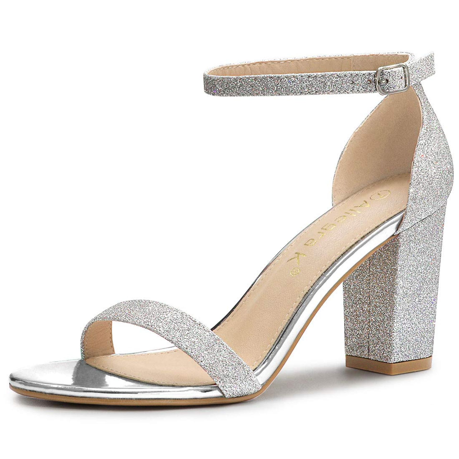 RRP £37.66 Allegra K Women's Glitter Ankle Strap Chunky Heels - Image 2 of 4